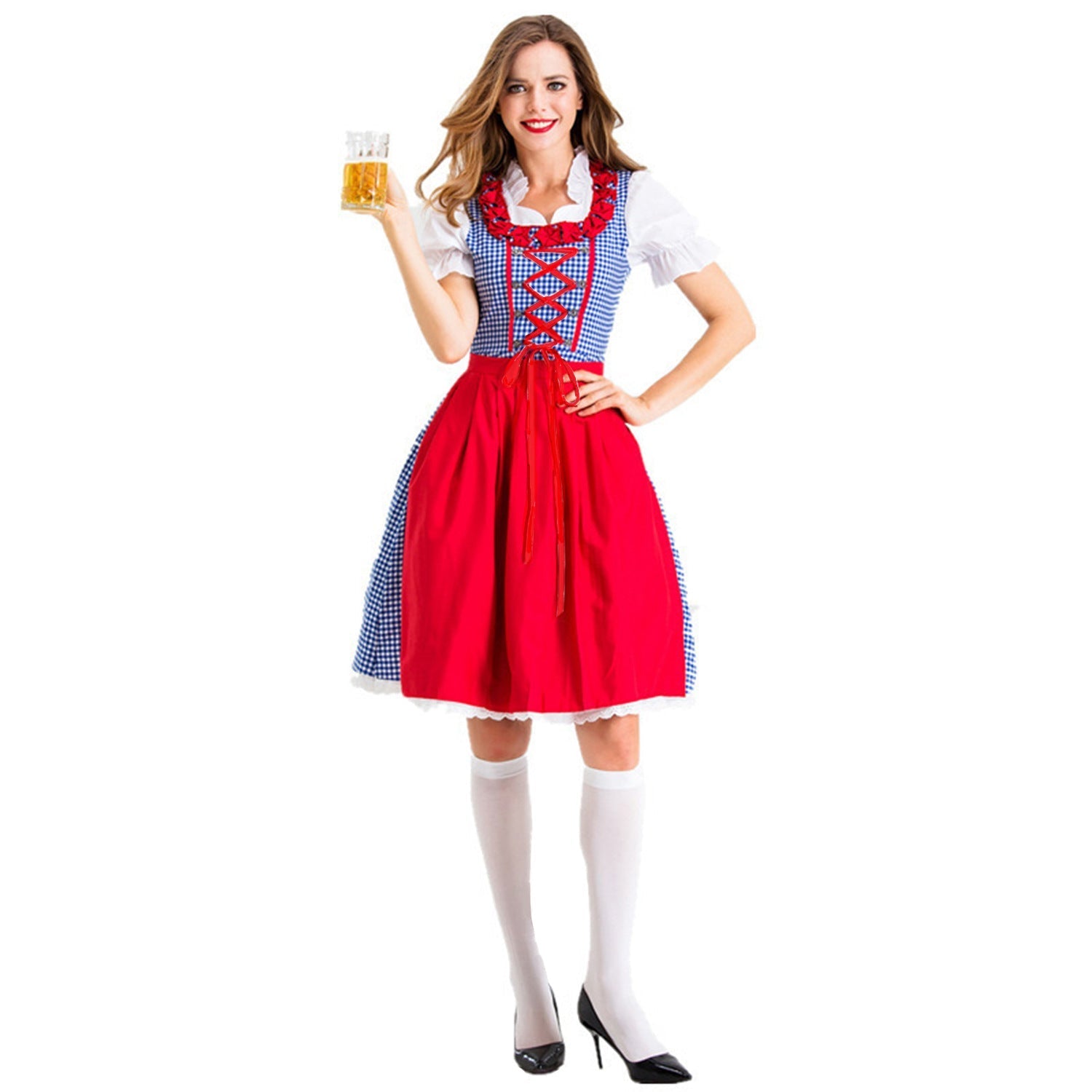 Damen Karo-Dirndl – mit Rüschenkragen und Schnürung