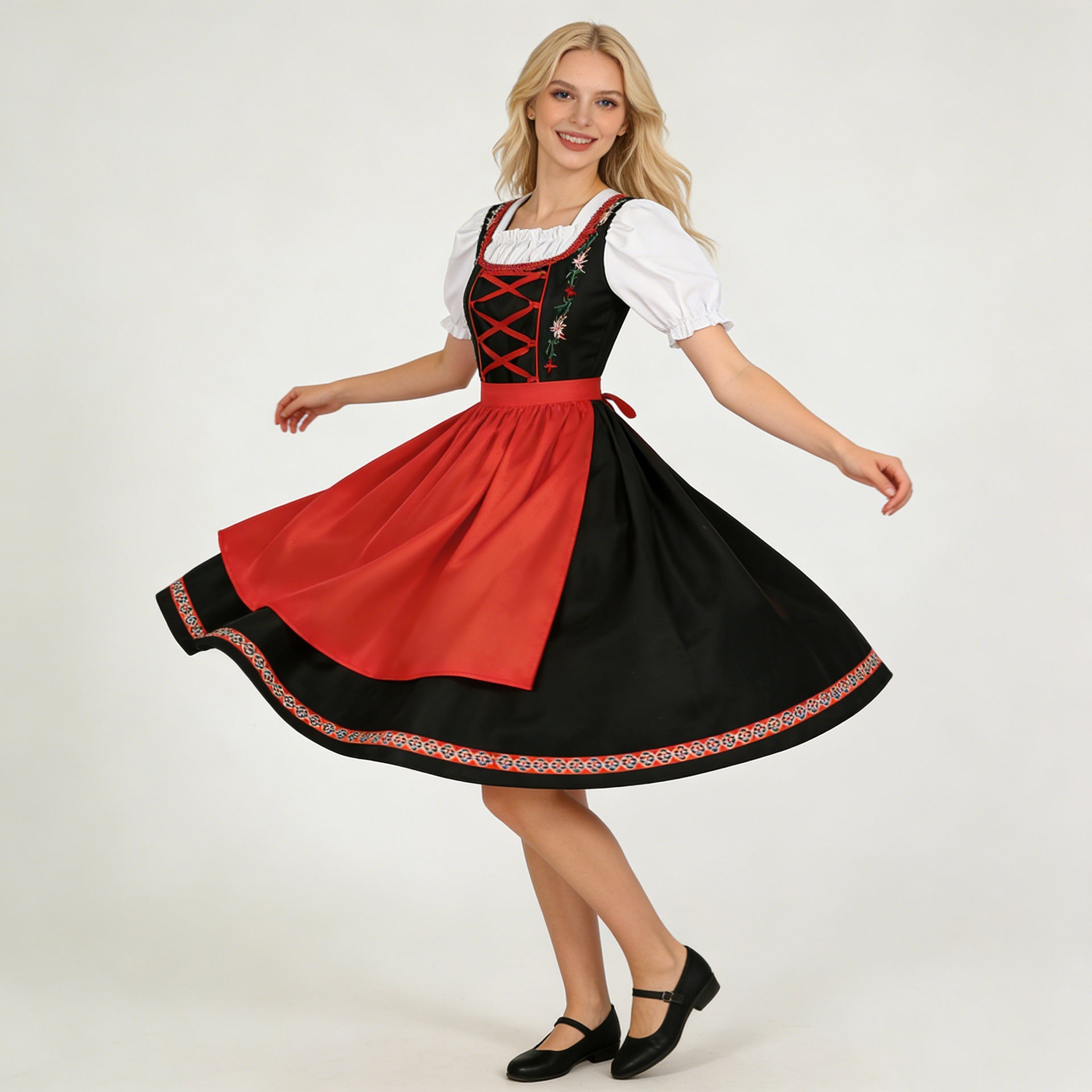 Dirndl-kjole til kvinder med broderet liv og pufærmer