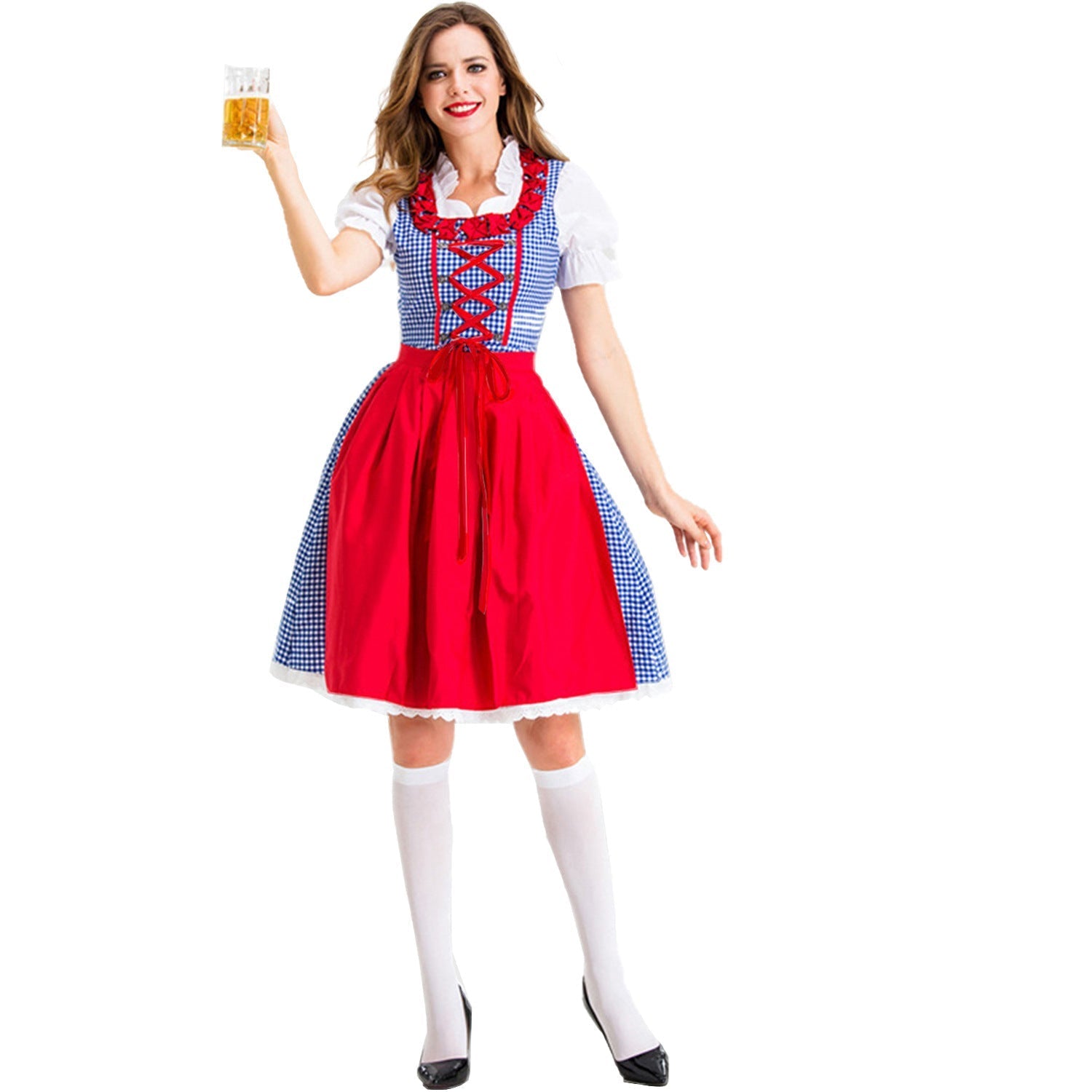 Damen Karo-Dirndl – mit Rüschenkragen und Schnürung