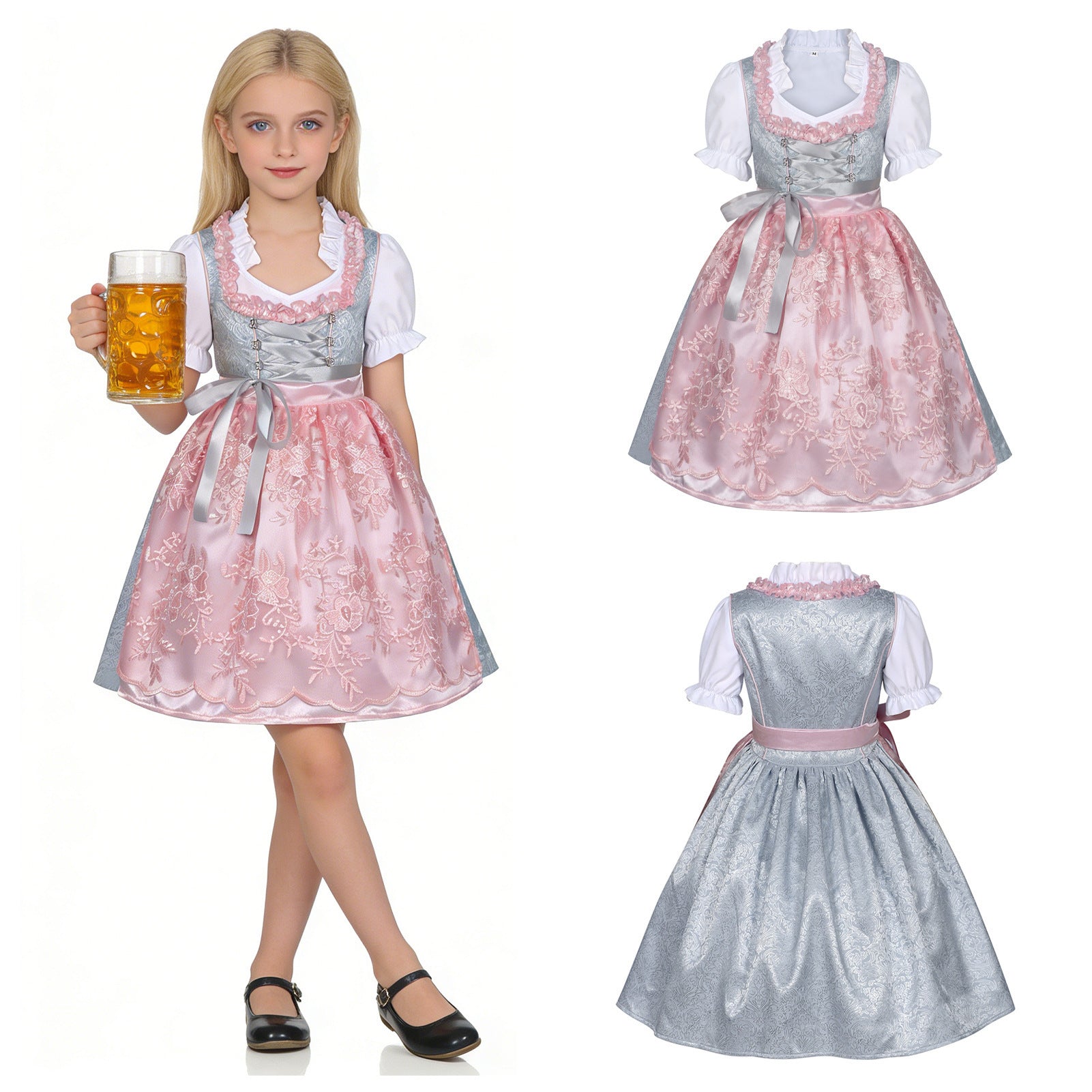 Dirndl til piger med broderet forklæde og bluse med flæser