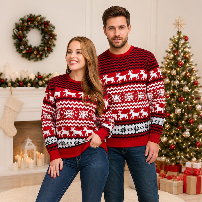 Weihnachtspullover – Rot mit Schneeflocken und Rentier