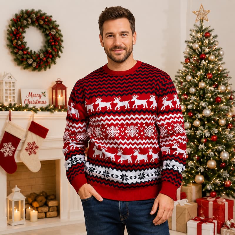 Weihnachtspullover – Rot mit Schneeflocken und Rentier