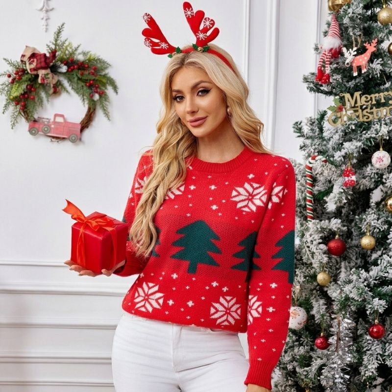 Weihnachtspullover – Rot mit Weihnachtsbaum und Schneeflocken