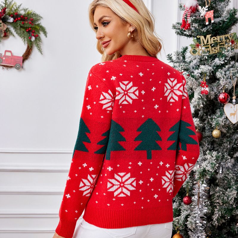 Weihnachtspullover – Rot mit Weihnachtsbaum und Schneeflocken