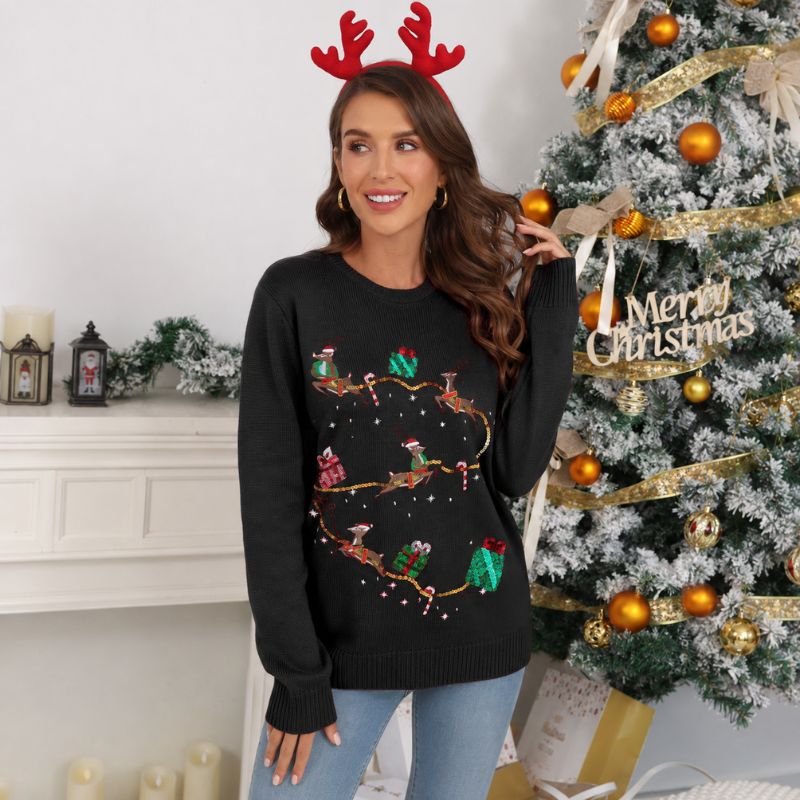 Women's Christmas sweater - reindeer sleigh and gift