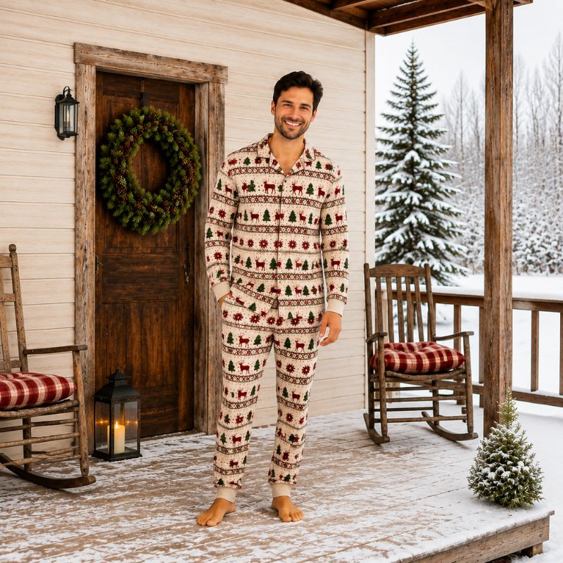 Weihnachtspyjama im Familienlook – Winterliches Hüttenmotiv