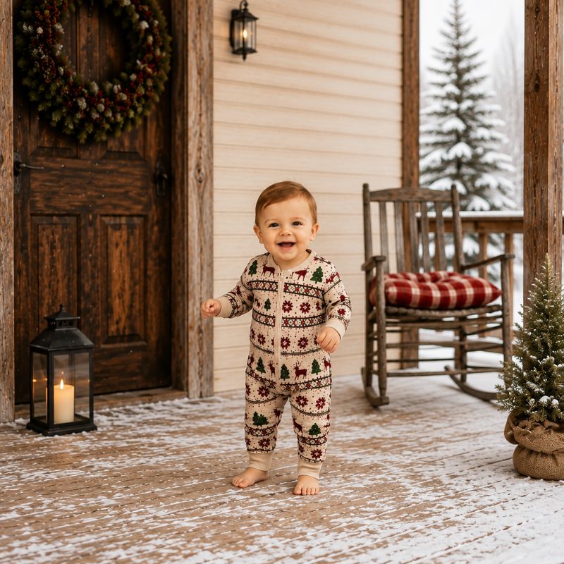 Weihnachtspyjama im Familienlook – Winterliches Hüttenmotiv