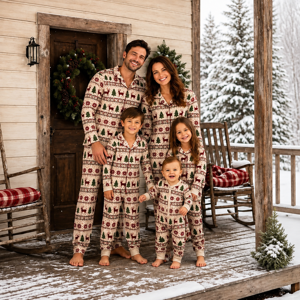 Weihnachtspyjama im Familienlook – Winterliches Hüttenmotiv