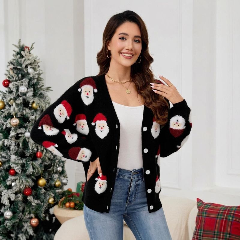 Weihnachtspullover – Weihnachtsmannmotiv mit Knopfleiste