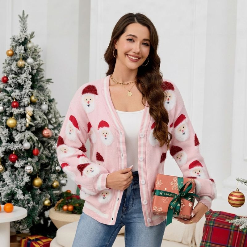 Weihnachtspullover – Weihnachtsmannmotiv mit Knopfleiste