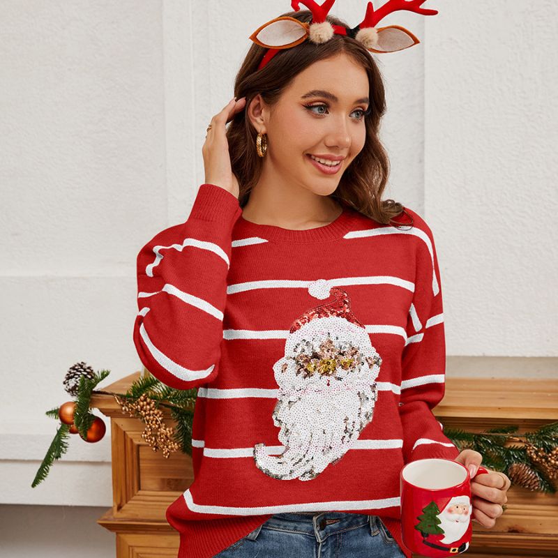 Weihnachtspullover – Gestreiftes Weihnachtsmannmotiv mit Pailletten