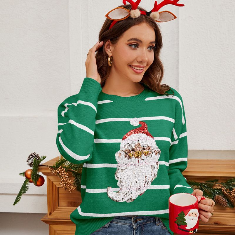Weihnachtspullover – Gestreiftes Weihnachtsmannmotiv mit Pailletten