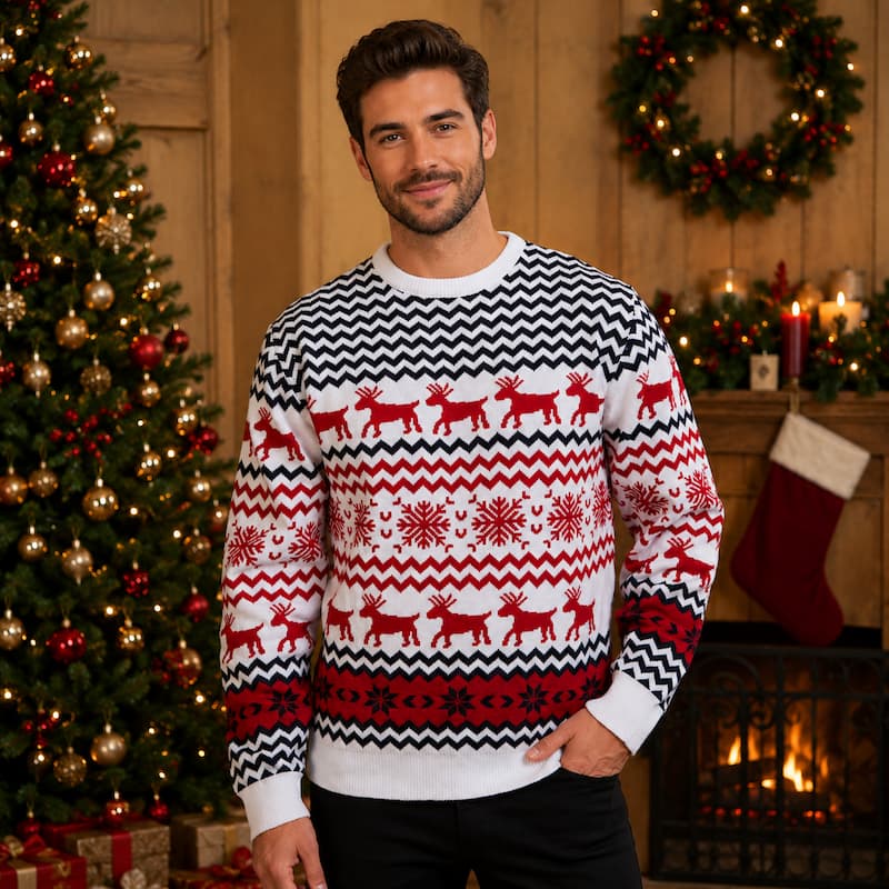 Julesweater – hvid med snefnug og rensdyr