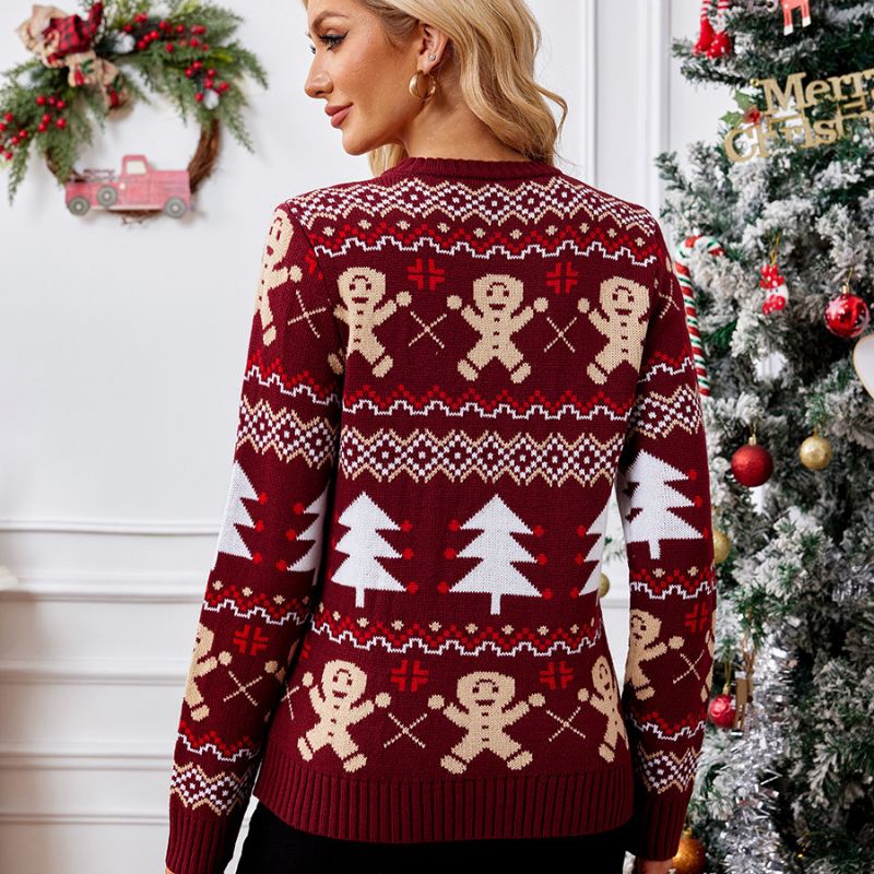Julesweater - vinrødt honningkagemotiv i strik