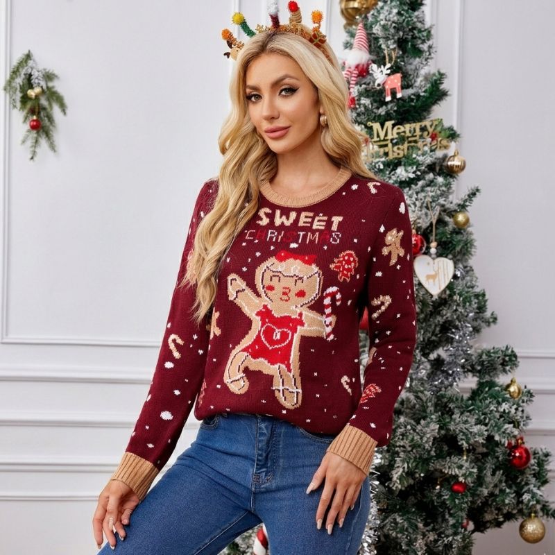 Weihnachtspullover – Weinrot mit Lebkuchen und Zuckerstange