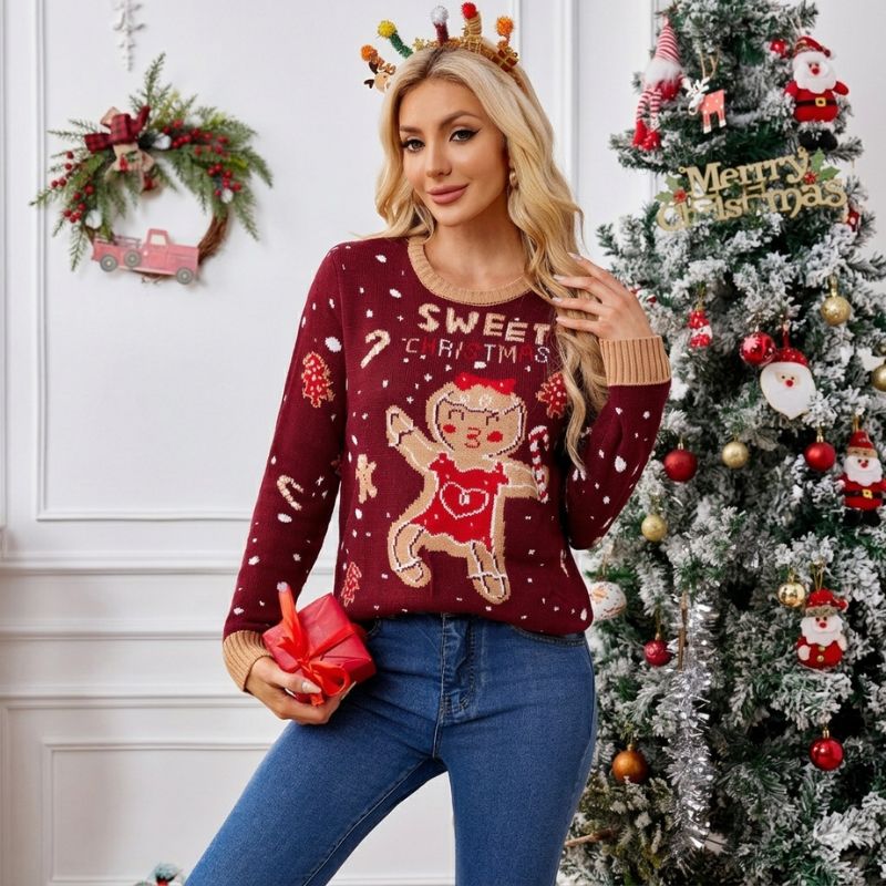 Weihnachtspullover – Weinrot mit Lebkuchen und Zuckerstange