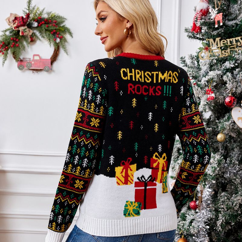Damen-Weihnachtspullover – Rock-'n'-Roll-Motiv