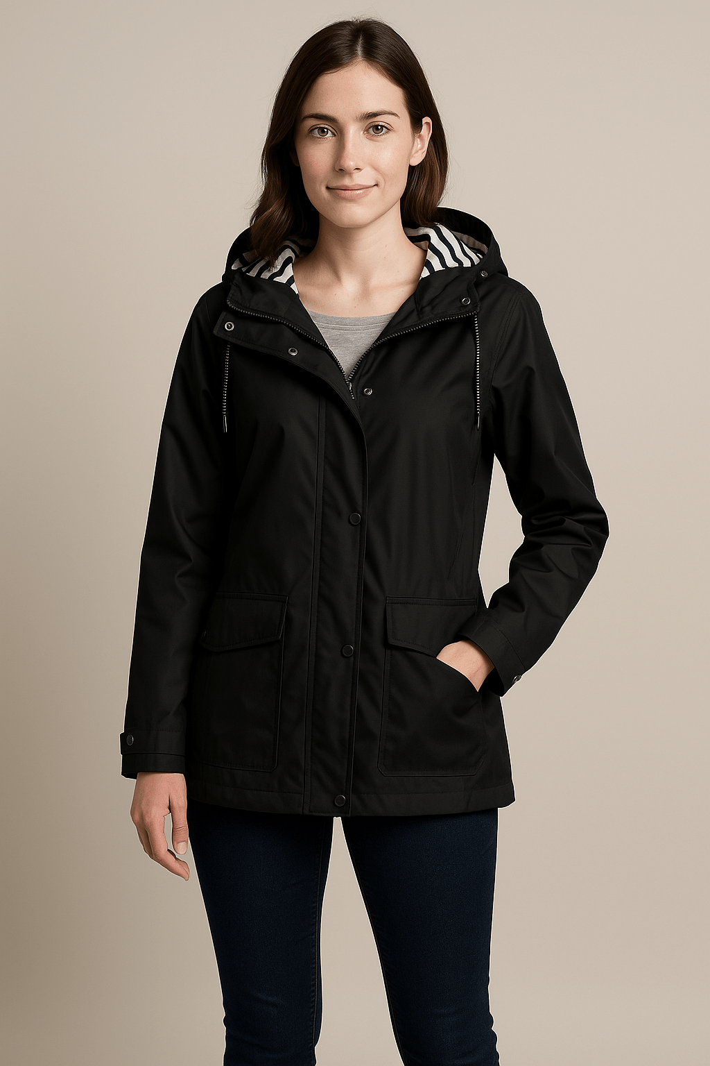 Damen Mid-Length Regenmantel mit verstellbarer Kapuze