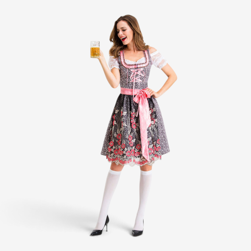 Dirndl til kvinder med blondeærmer og blomstret forklæde