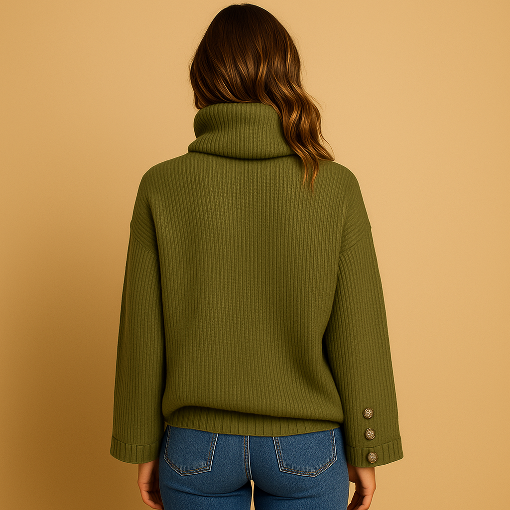 Damen Strick-Turtleneck-Pullover mit Knopfdetails und bequemem Schnitt