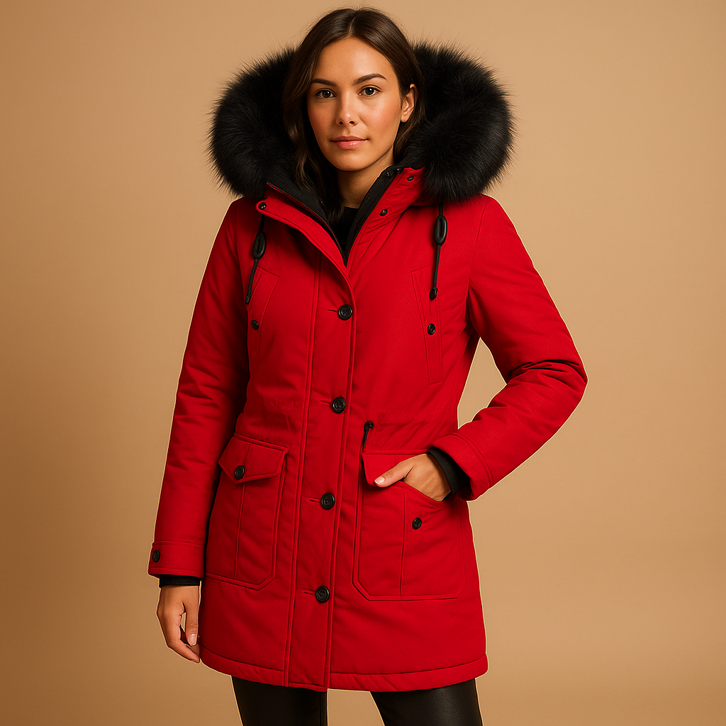 Damen Lange Wasserdichte Winterjacke mit Kunstfellkapuze