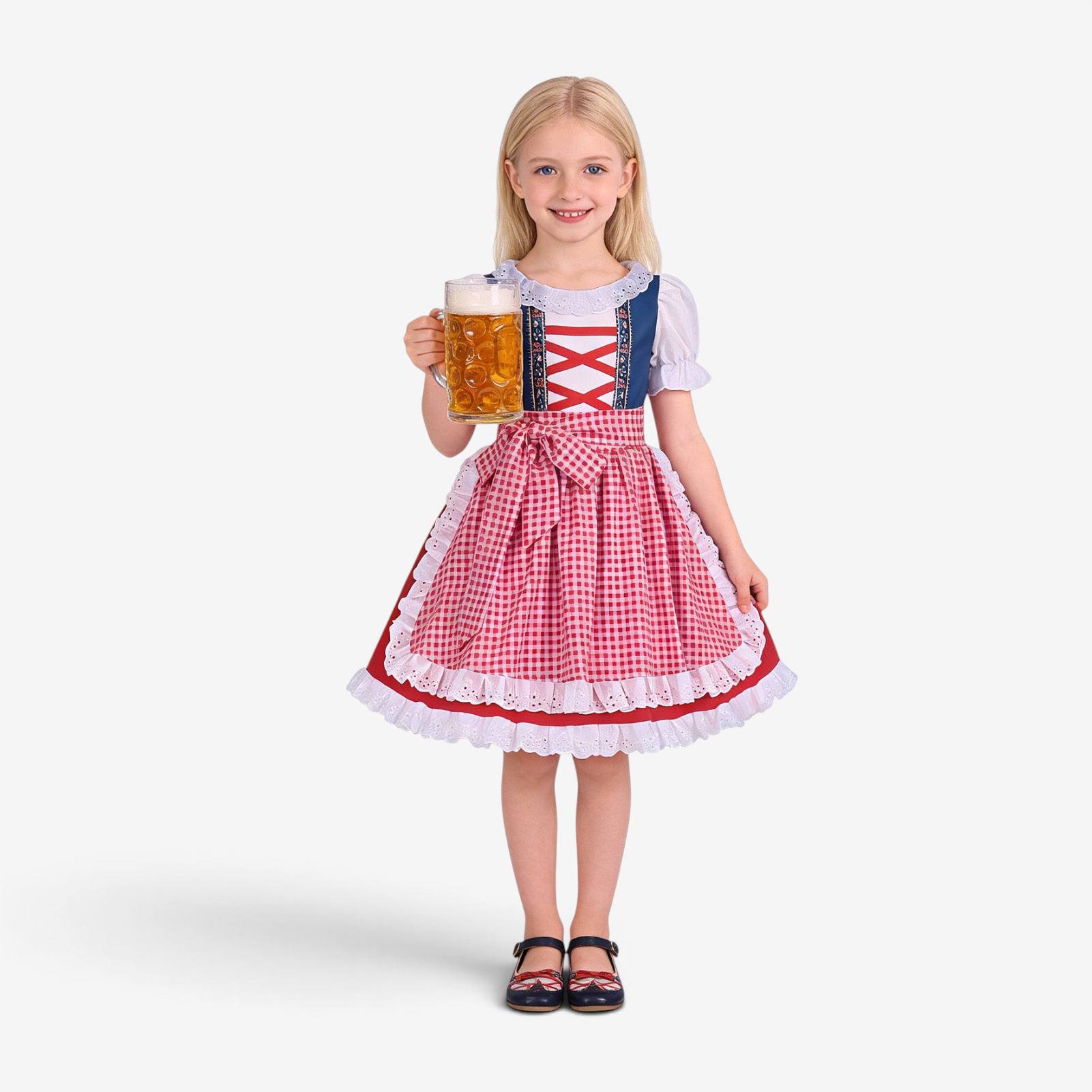 Dirndl til piger med broderet forklæde og bluse med flæser