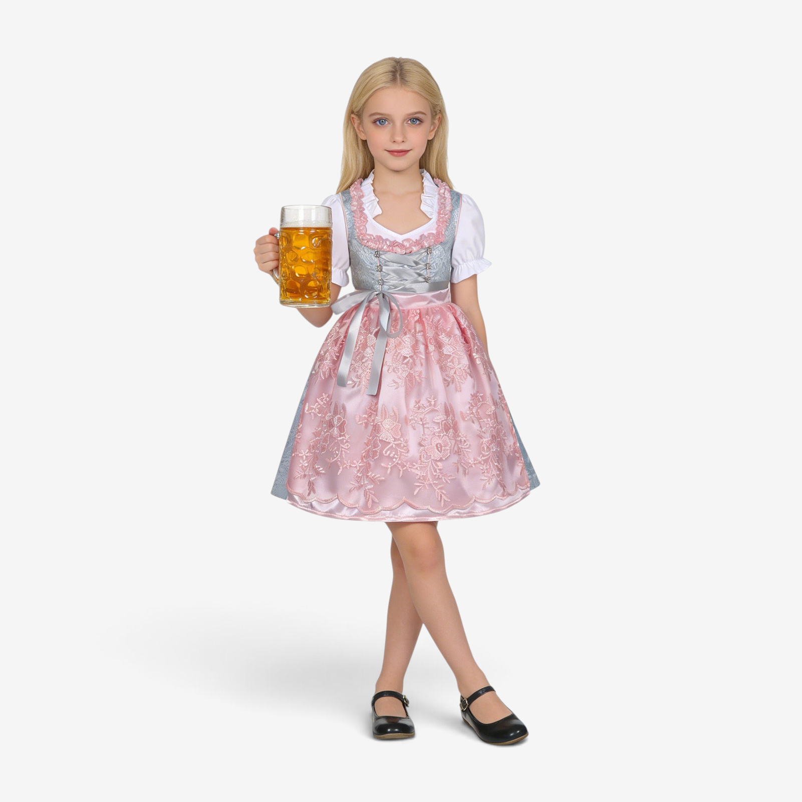 Dirndl til piger med broderet forklæde og bluse med flæser