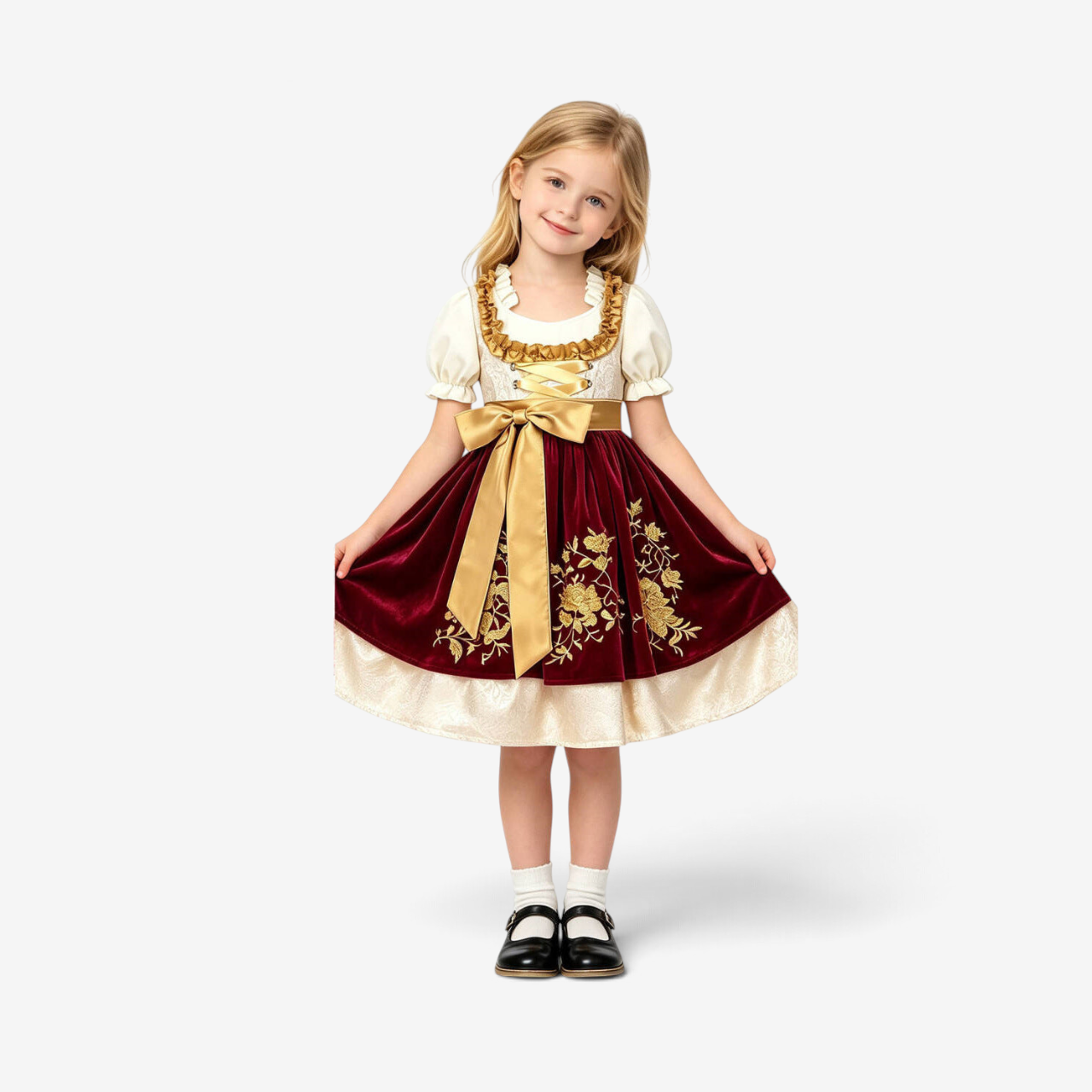 Dirndl til piger med broderet forklæde og bluse med flæser