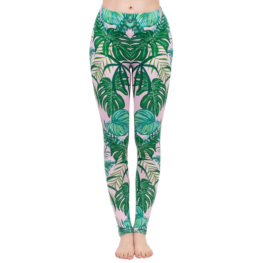 Mode Frauen Leggings Pink Tropics Druck mit Multicolor-Muster Leggings Hohe Elastizität Fitnesshosen Leggings
