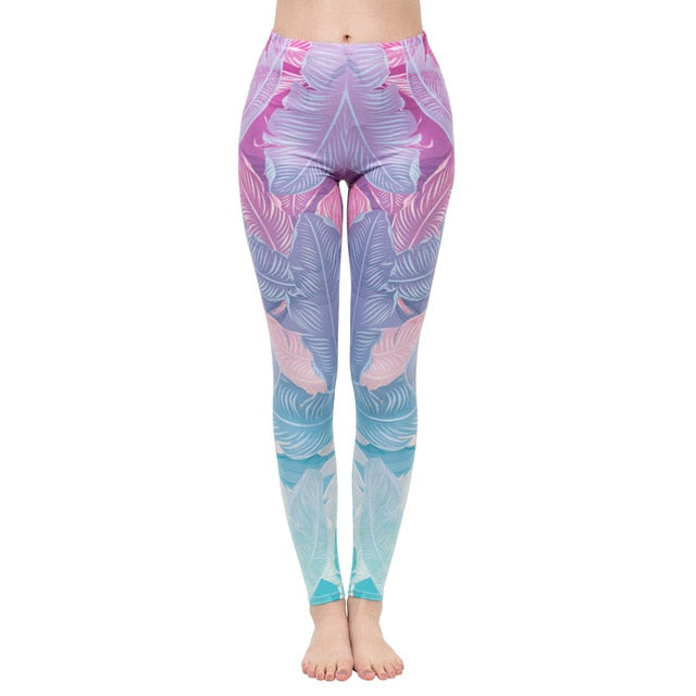 Mode Frauen Leggings Pink Tropics Druck mit Multicolor-Muster Leggings Hohe Elastizität Fitnesshosen Leggings