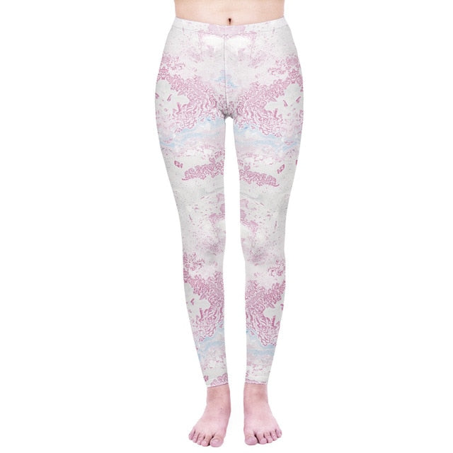 Mode Frauen Leggings Pink Tropics Druck mit Multicolor-Muster Leggings Hohe Elastizität Fitnesshosen Leggings