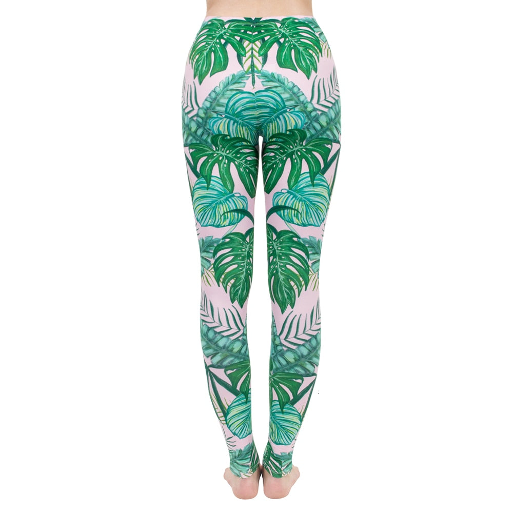 Mode Frauen Leggings Pink Tropics Druck mit Multicolor-Muster Leggings Hohe Elastizität Fitnesshosen Leggings