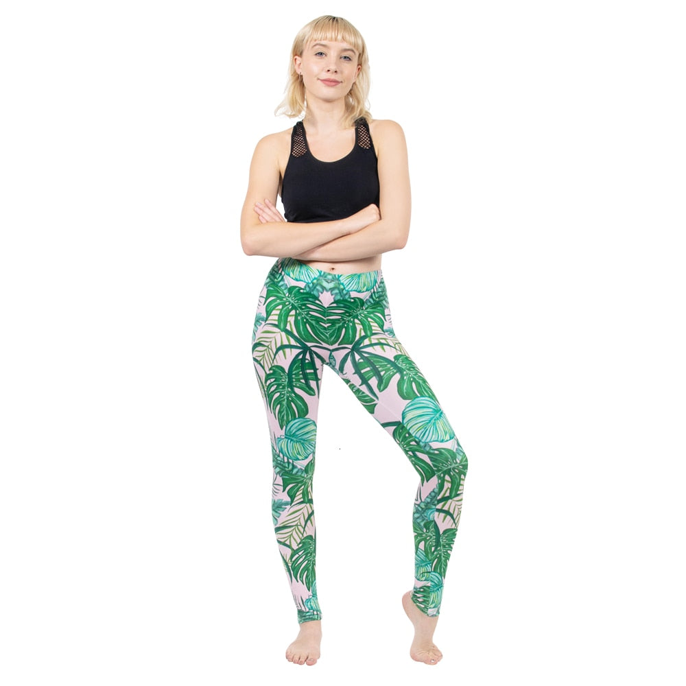 Mode Frauen Leggings Pink Tropics Druck mit Multicolor-Muster Leggings Hohe Elastizität Fitnesshosen Leggings