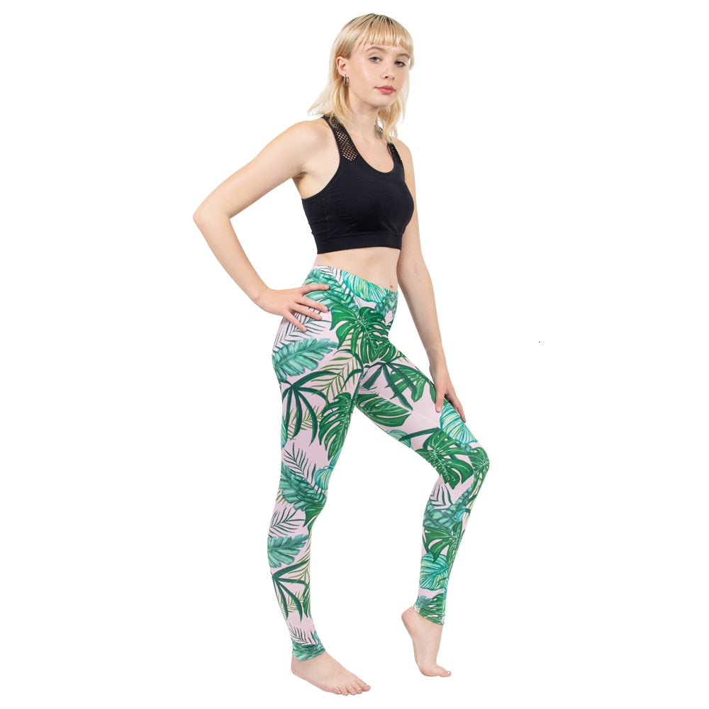Mode Frauen Leggings Pink Tropics Druck mit Multicolor-Muster Leggings Hohe Elastizität Fitnesshosen Leggings