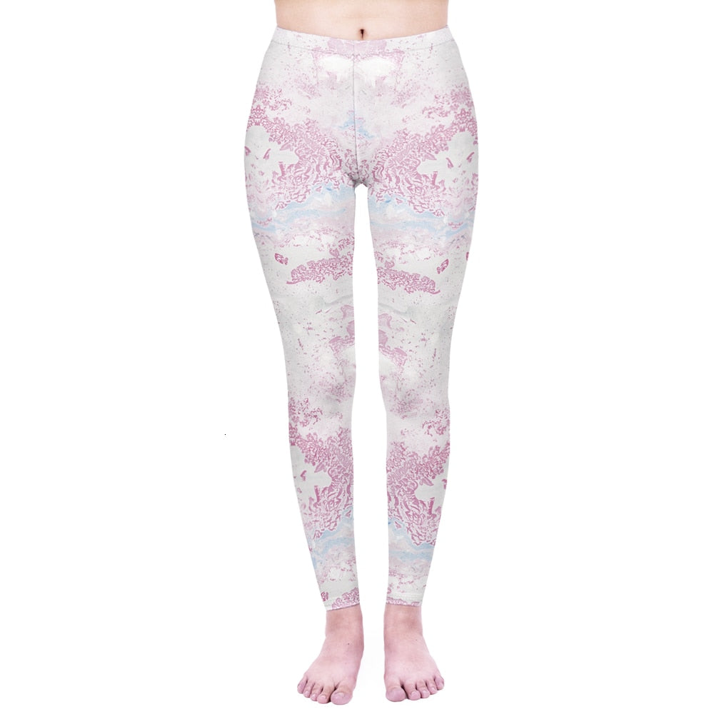 Mode Frauen Leggings Pink Tropics Druck mit Multicolor-Muster Leggings Hohe Elastizität Fitnesshosen Leggings