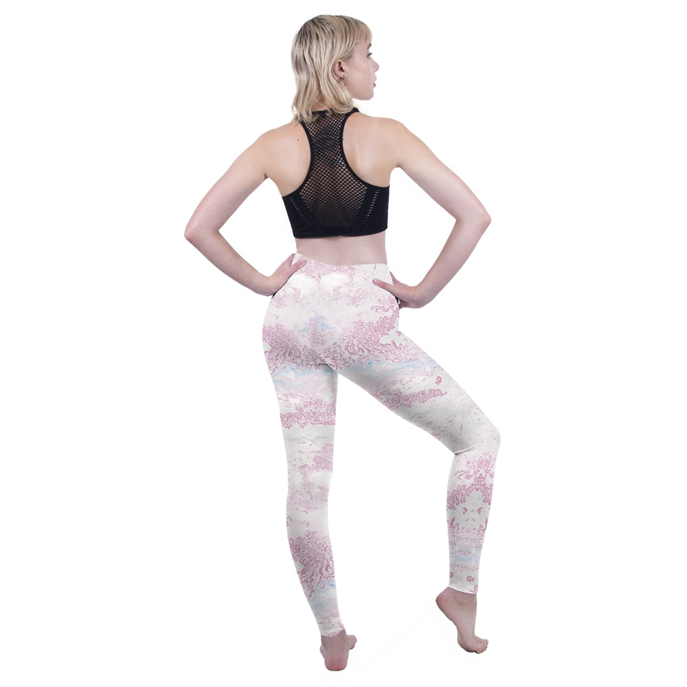 Mode Frauen Leggings Pink Tropics Druck mit Multicolor-Muster Leggings Hohe Elastizität Fitnesshosen Leggings