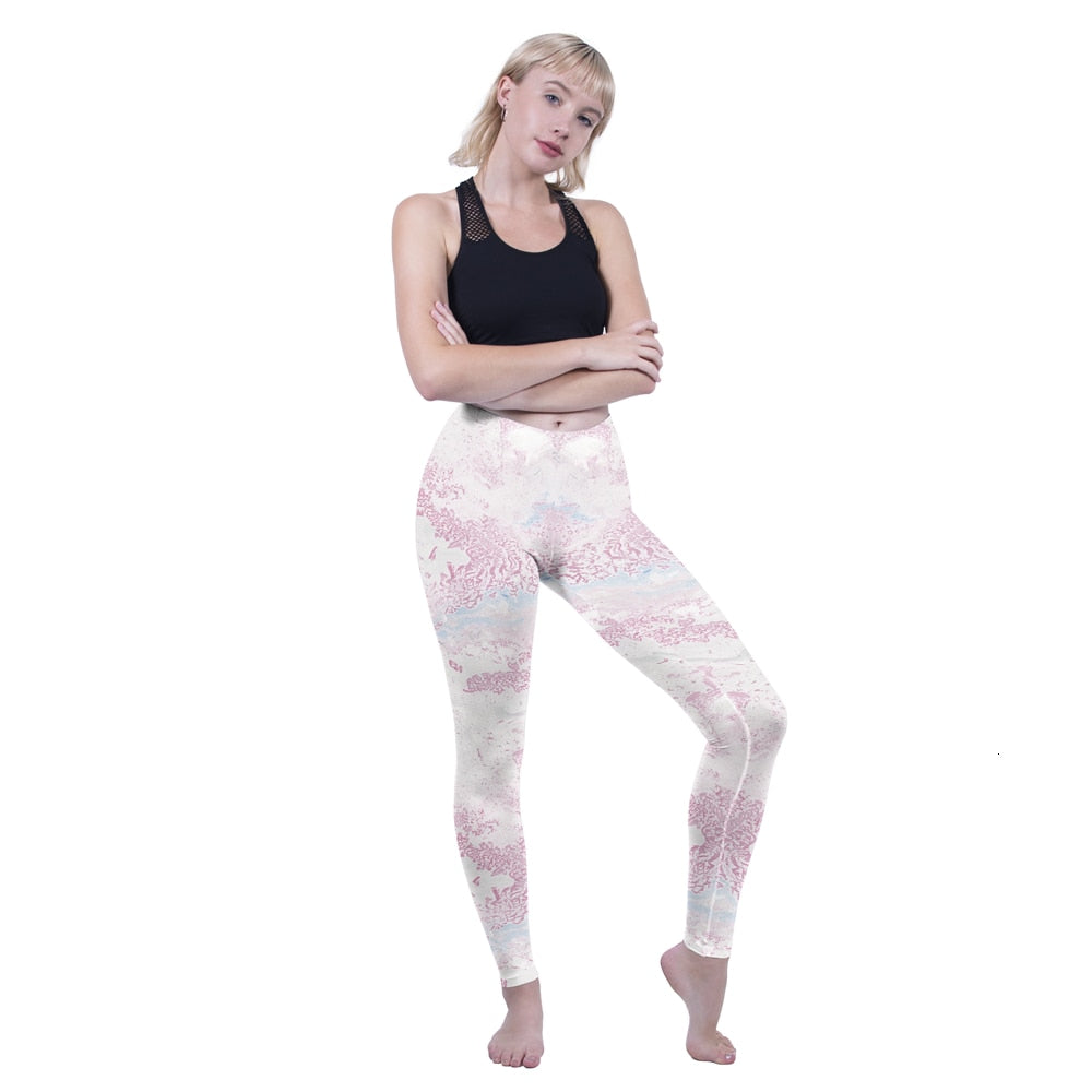 Mode Frauen Leggings Pink Tropics Druck mit Multicolor-Muster Leggings Hohe Elastizität Fitnesshosen Leggings
