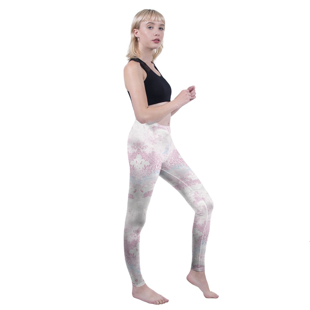 Mode Frauen Leggings Pink Tropics Druck mit Multicolor-Muster Leggings Hohe Elastizität Fitnesshosen Leggings