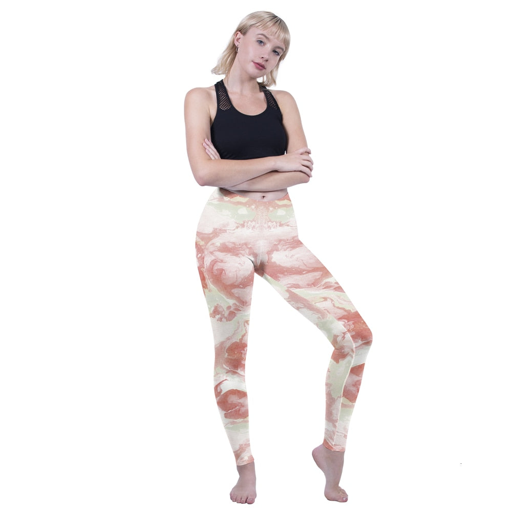 Mode Frauen Leggings Pink Tropics Druck mit Multicolor-Muster Leggings Hohe Elastizität Fitnesshosen Leggings
