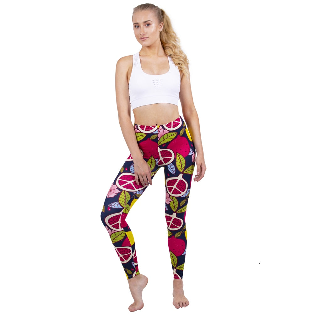 Mode Frauen Leggings Pink Tropics Druck mit Multicolor-Muster Leggings Hohe Elastizität Fitnesshosen Leggings