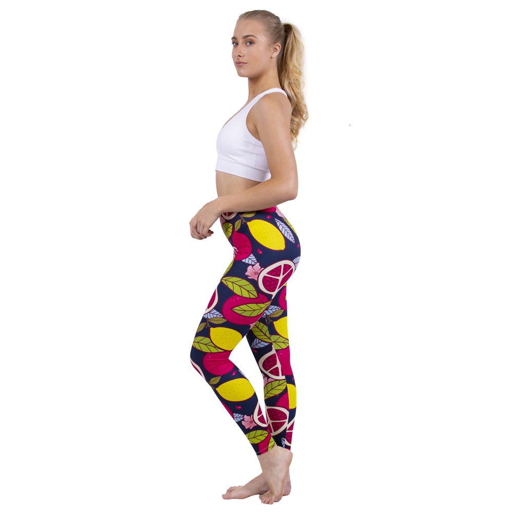 Mode Frauen Leggings Pink Tropics Druck mit Multicolor-Muster Leggings Hohe Elastizität Fitnesshosen Leggings