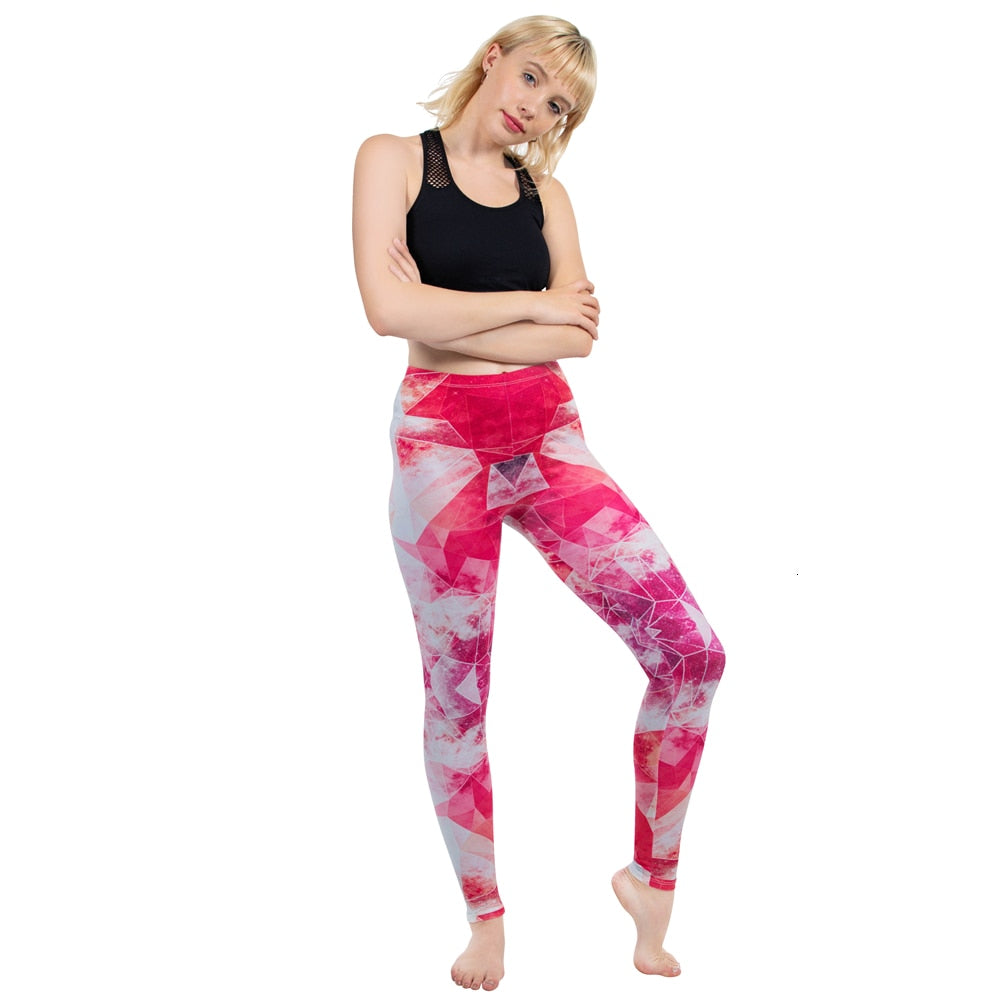 Mode Frauen Leggings Pink Tropics Druck mit Multicolor-Muster Leggings Hohe Elastizität Fitnesshosen Leggings