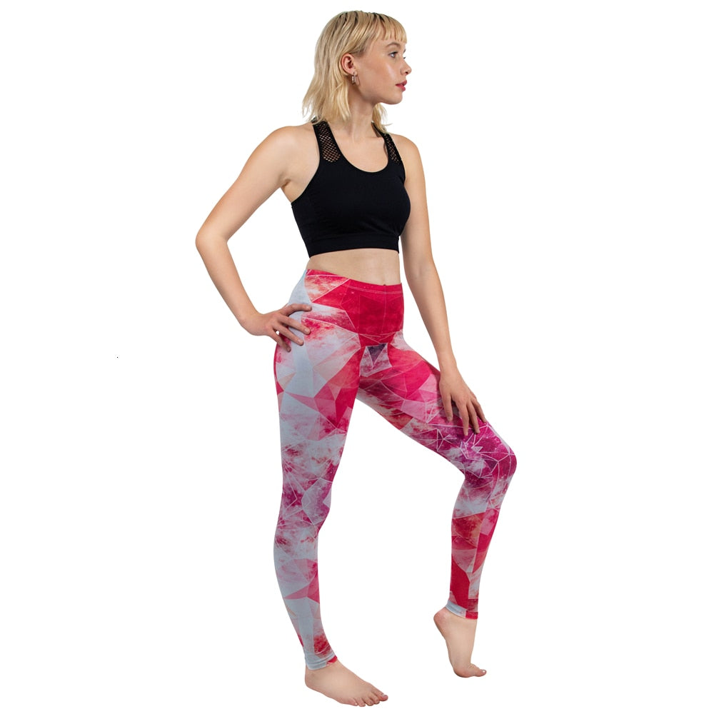 Mode Frauen Leggings Pink Tropics Druck mit Multicolor-Muster Leggings Hohe Elastizität Fitnesshosen Leggings