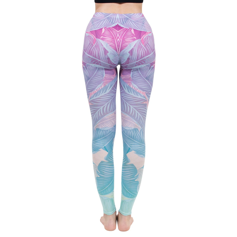 Mode Frauen Leggings Pink Tropics Druck mit Multicolor-Muster Leggings Hohe Elastizität Fitnesshosen Leggings