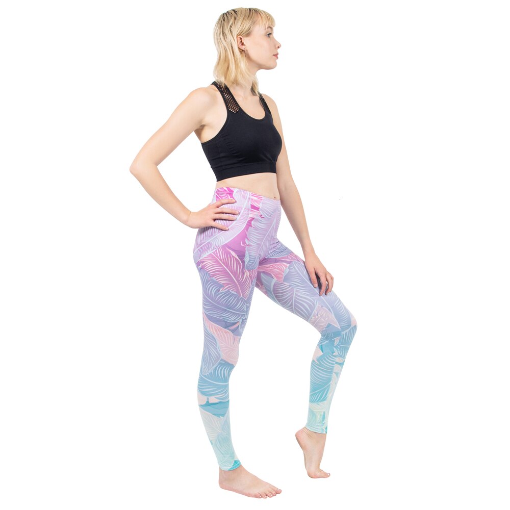 Mode Frauen Leggings Pink Tropics Druck mit Multicolor-Muster Leggings Hohe Elastizität Fitnesshosen Leggings