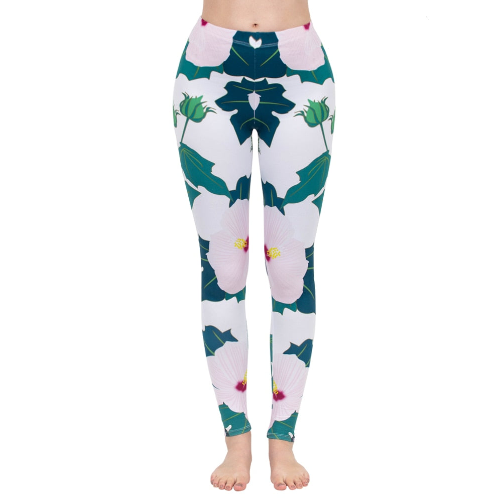 Mode Frauen Leggings Pink Tropics Druck mit Multicolor-Muster Leggings Hohe Elastizität Fitnesshosen Leggings
