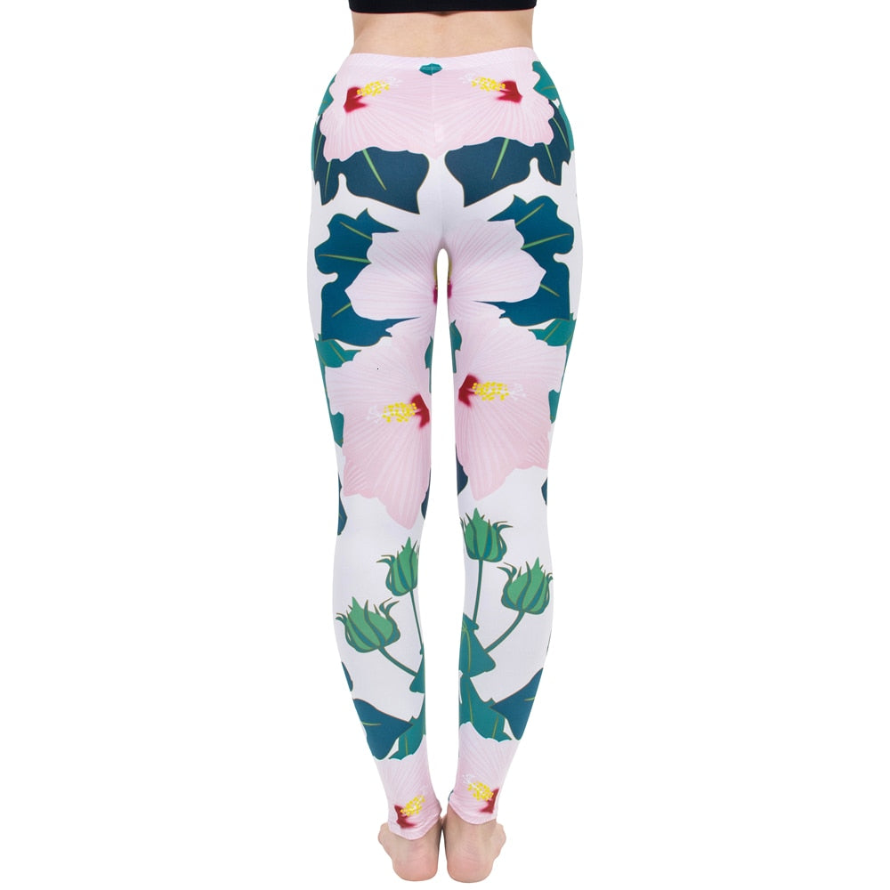 Mode Frauen Leggings Pink Tropics Druck mit Multicolor-Muster Leggings Hohe Elastizität Fitnesshosen Leggings