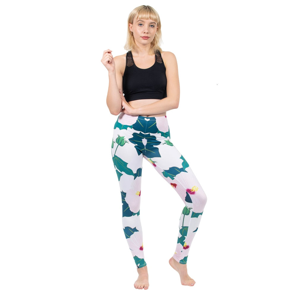 Mode Frauen Leggings Pink Tropics Druck mit Multicolor-Muster Leggings Hohe Elastizität Fitnesshosen Leggings