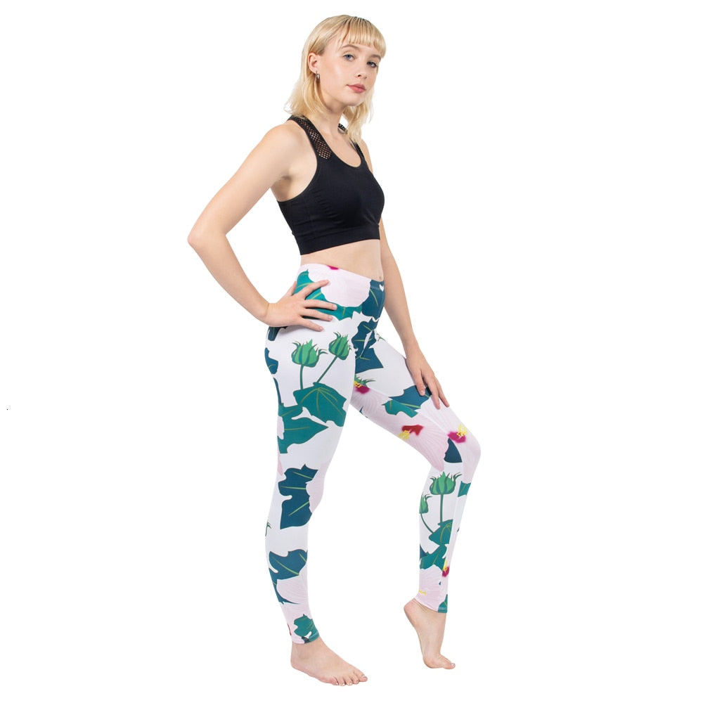 Mode Frauen Leggings Pink Tropics Druck mit Multicolor-Muster Leggings Hohe Elastizität Fitnesshosen Leggings