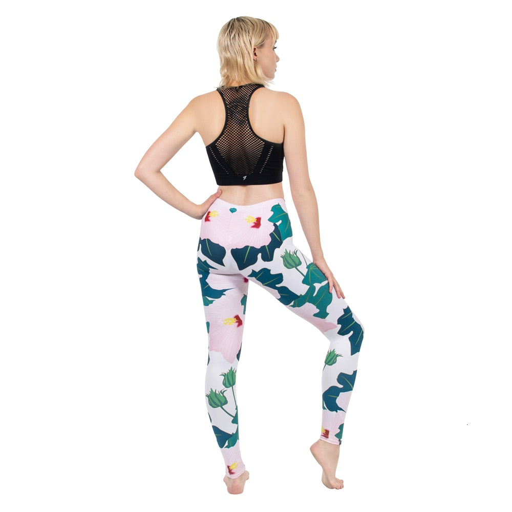 Mode Frauen Leggings Pink Tropics Druck mit Multicolor-Muster Leggings Hohe Elastizität Fitnesshosen Leggings